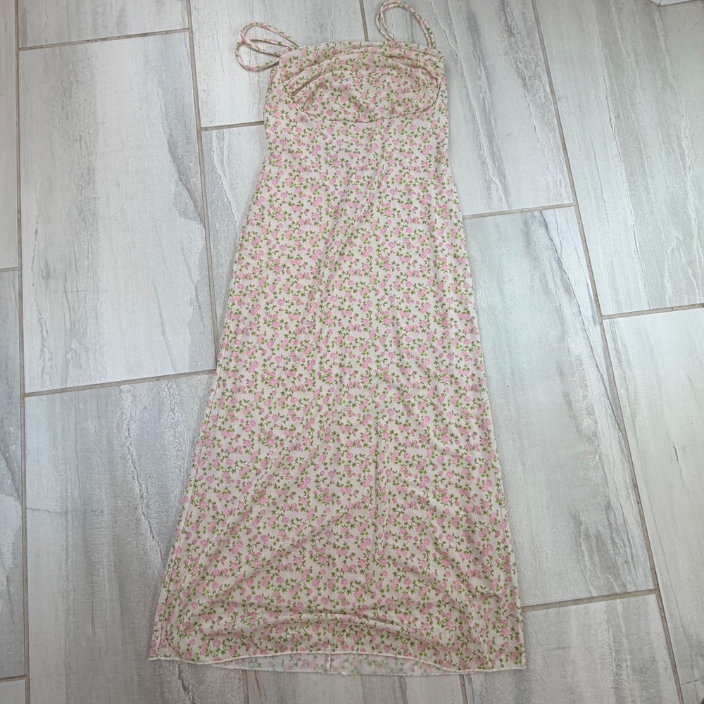 See You Monday Pink Floral Mesh Midi Dress Ruched Bust D8626MP Medium